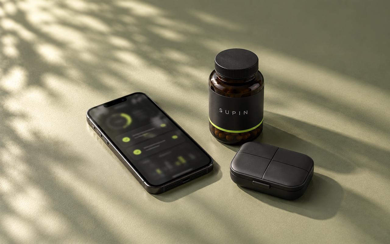 Graphite smartphone beside a SUPIN supplement bottle and a closed pill organiser on a sage surface.