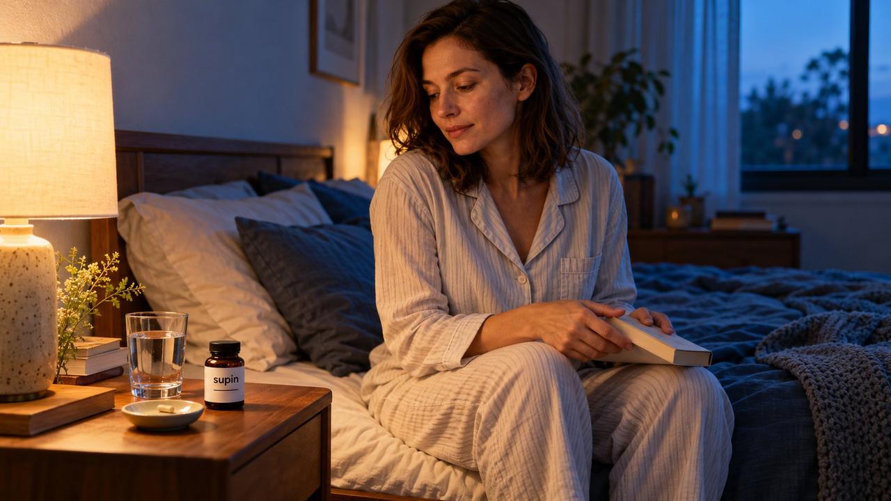 Woman in cotton pajamas closing a paperback beside her bed, with a small Supin bottle, one capsule and water on the bedside table.