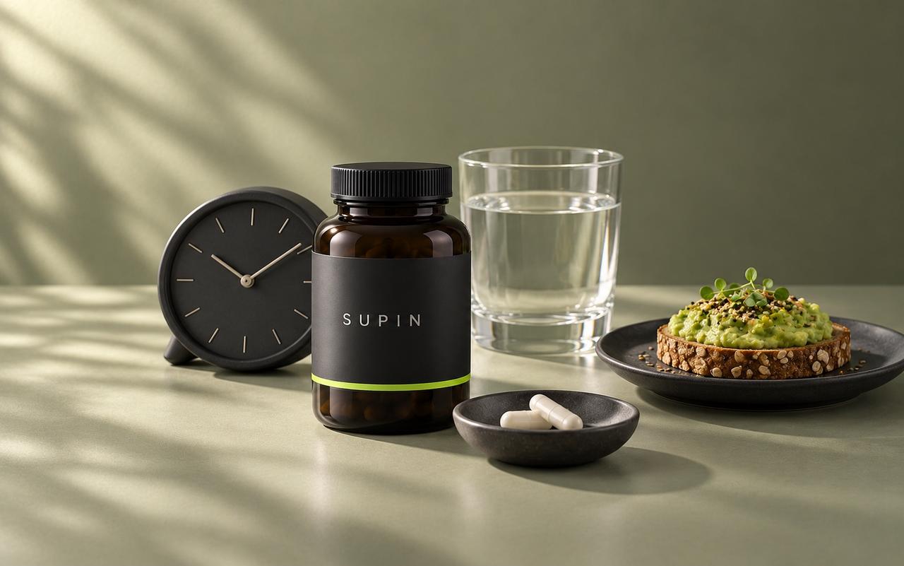 SUPIN supplement bottle beside a charcoal clock, two capsules, avocado toast and water on a sage tabletop.