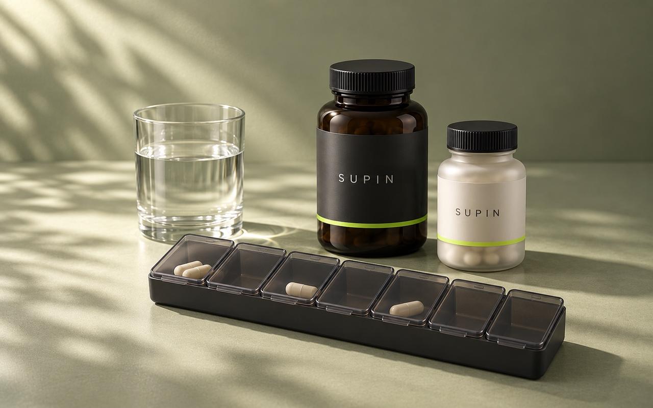 SUPIN supplement bottles beside a weekly pill organiser and water on an olive studio surface.