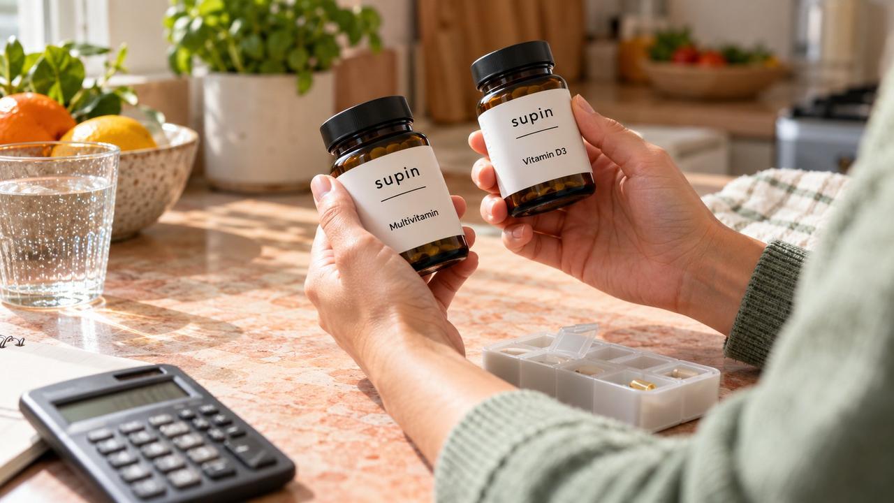 Adult hands compare Supin Multivitamin and Vitamin D3 bottles above a sunlit kitchen counter with calculator and small pill organizer.