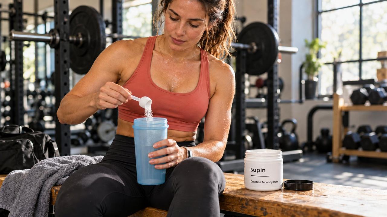 A woman in a coral athletic top pours a small scoop of creatine into a blue shaker after a strength session, with a Supin creatine tub beside her.