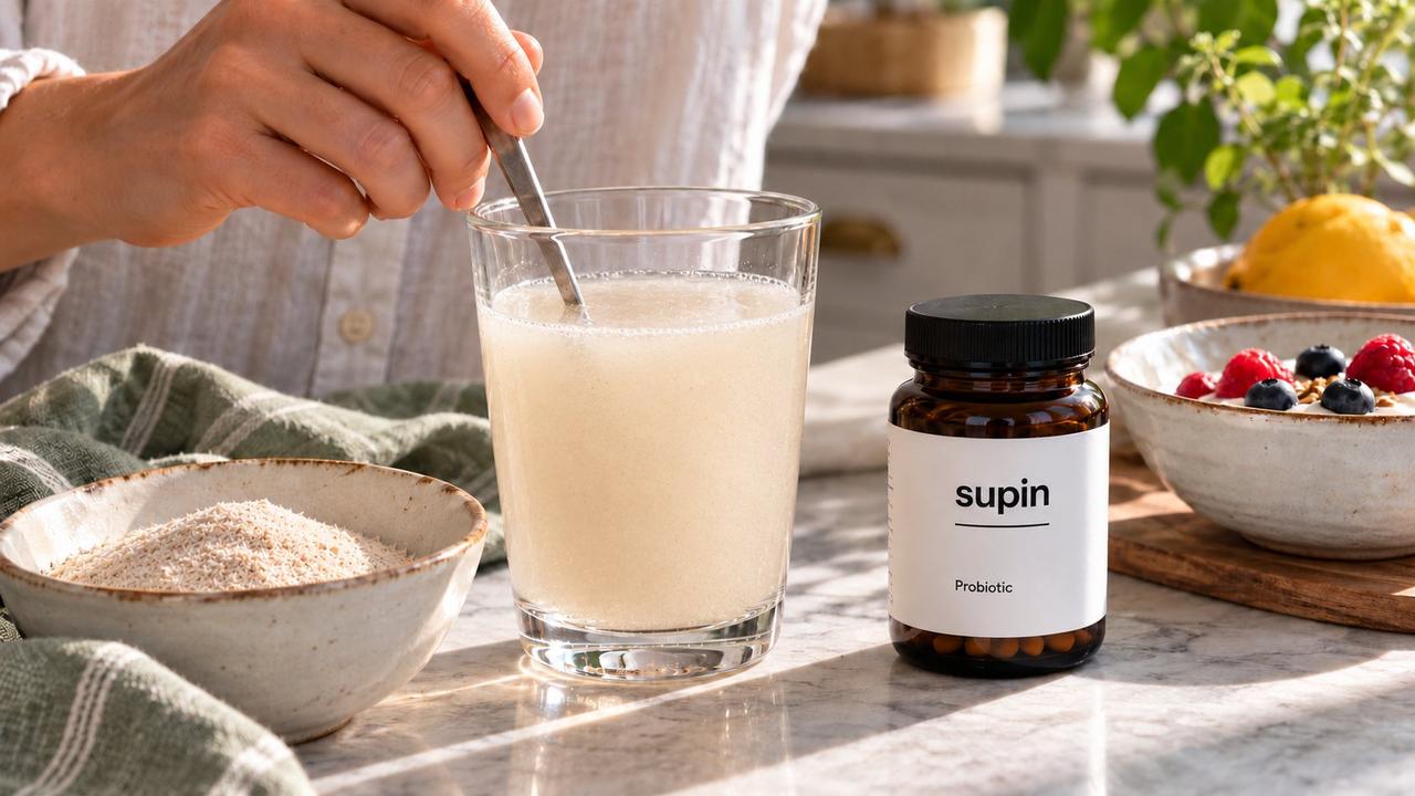 Hand stirring a fiber drink beside psyllium husk, a probiotic supplement bottle and yogurt with berries.