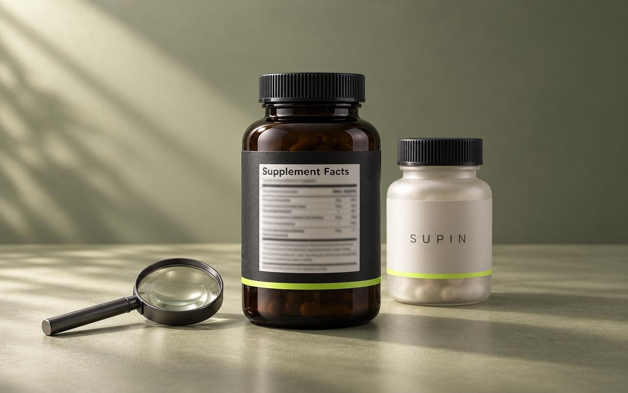 Supplement Facts panel on an amber bottle beside a SUPIN bottle and magnifying glass.