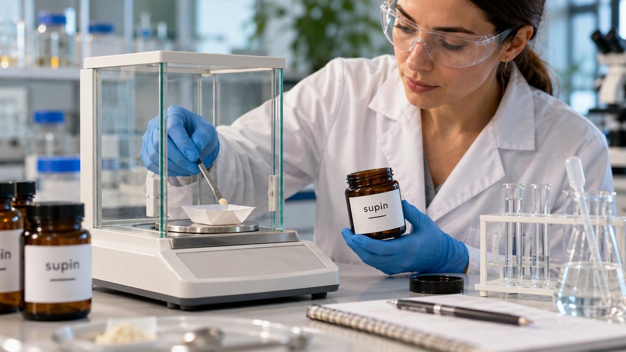 A laboratory scientist in blue gloves uses an analytical balance to weigh a supplement sample beside an amber Supin bottle.