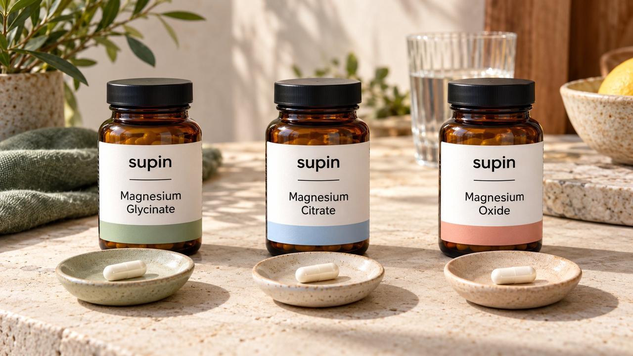 Three Supin magnesium bottles labelled Glycinate, Citrate and Oxide, with one capsule on a ceramic saucer in front of each.