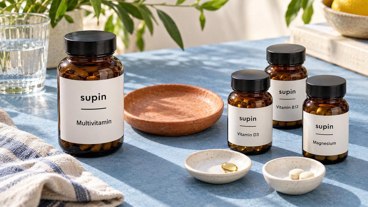 One large Supin Multivitamin bottle faces three smaller Supin bottles labelled Vitamin D3, Vitamin B12 and Magnesium on a blue table separated by a terracotta dish.