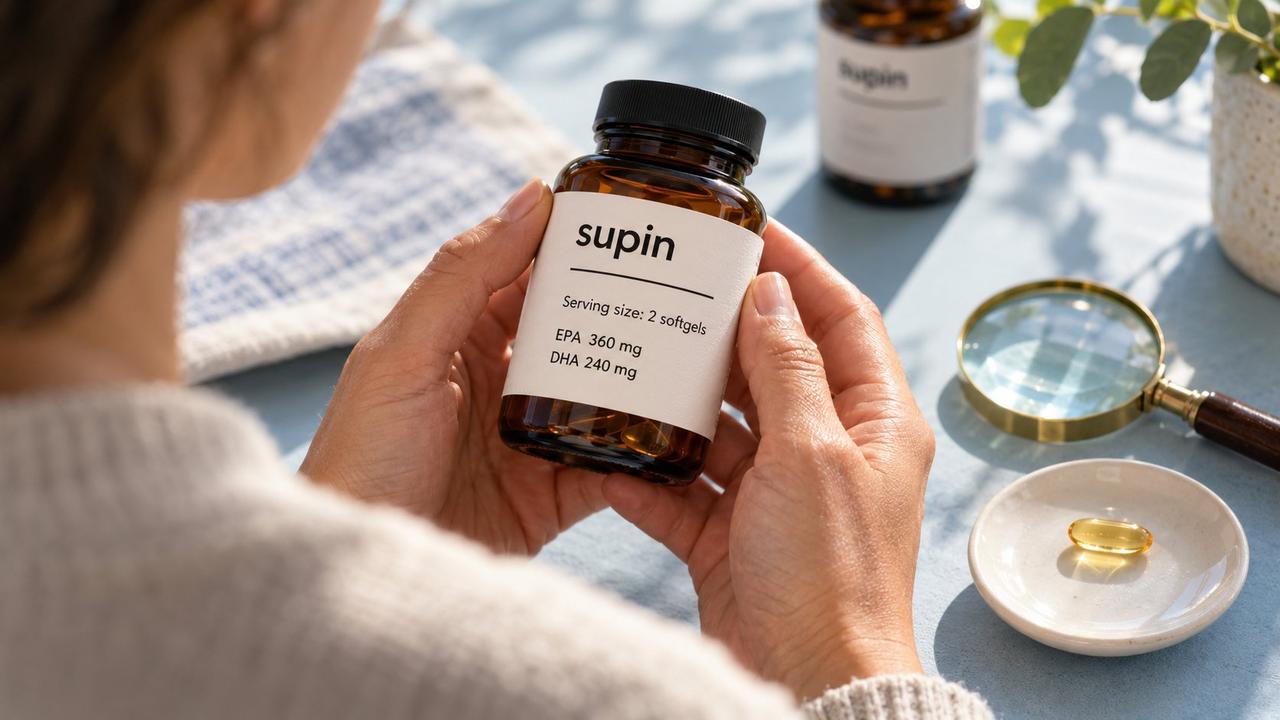 Hands reading a Supin omega-3 example label showing serving size 2 softgels, EPA 360 mg and DHA 240 mg beside a magnifying glass.