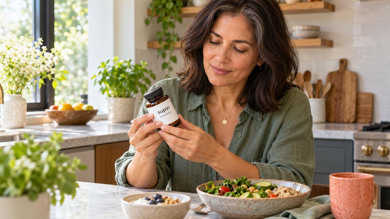 Woman in her late forties reviewing a supplement bottle at a bright kitchen table.