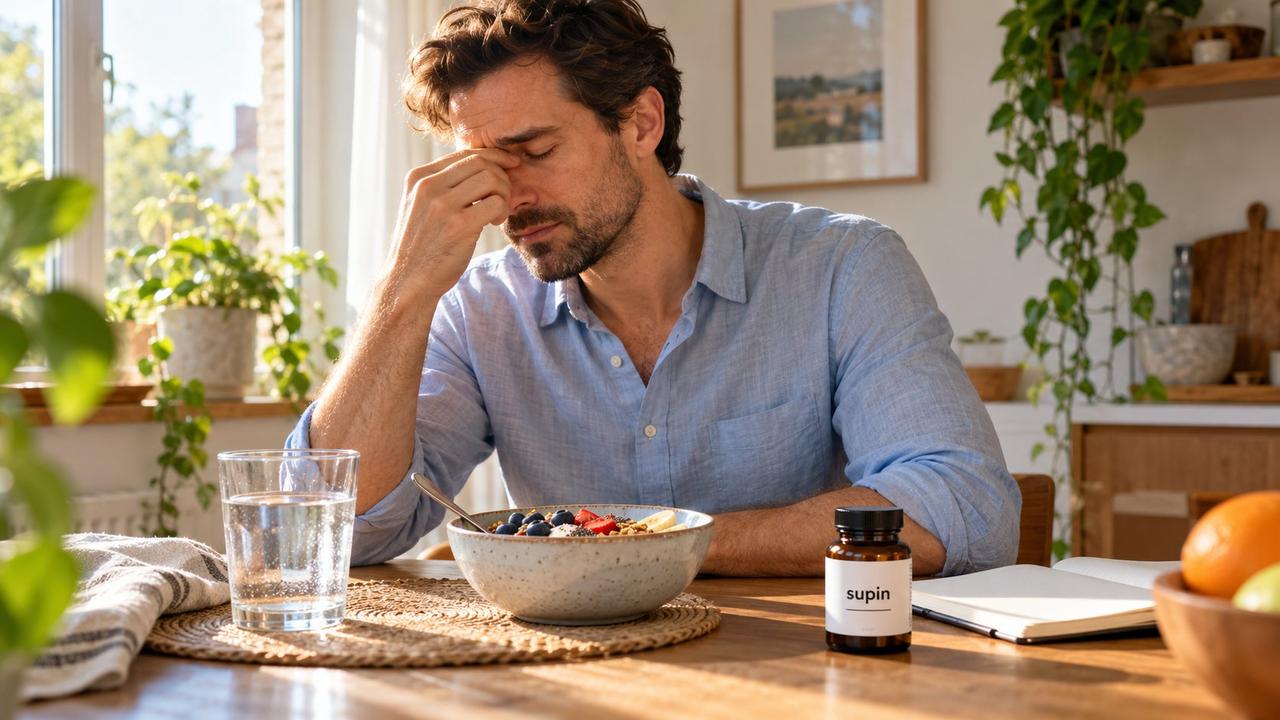 A tired man in a pale blue shirt rubs the bridge of his nose at a sunlit breakfast table beside a small Supin supplement bottle.