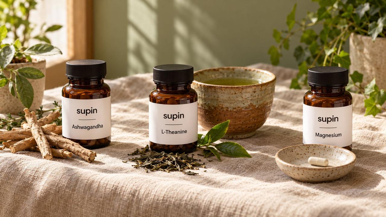 Three Supin bottles labelled Ashwagandha, L-Theanine and Magnesium beside dried root, green tea and a small capsule on warm linen.