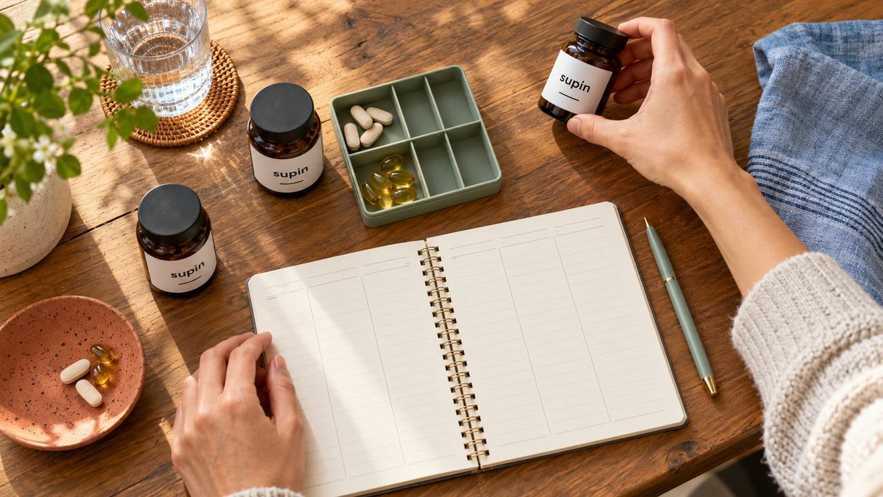 Overhead view of hands organizing three Supin bottles beside a blank weekly planner and a sage supplement organizer.