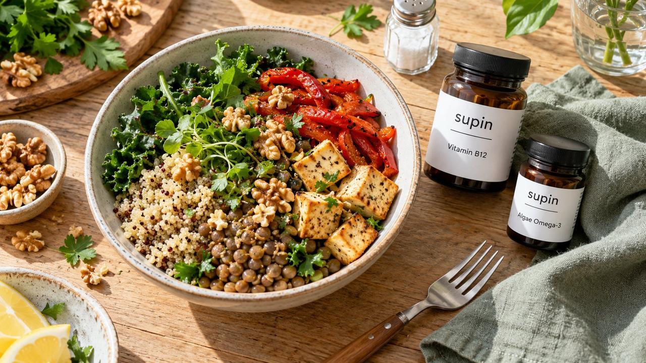 Plant-based meal with lentils, quinoa, tofu and vegetables beside B12 and algae omega-3 bottles.