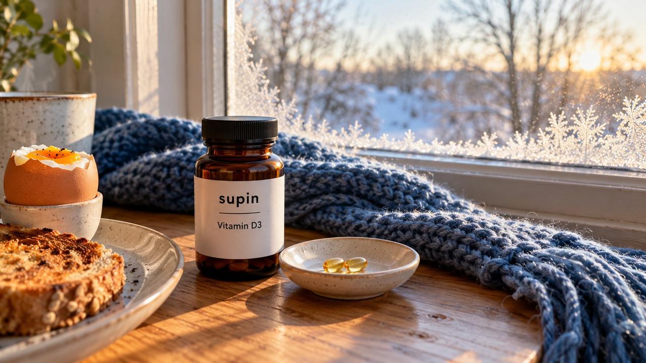 Supin Vitamin D3 bottle and two golden softgels beside an egg, toast and blue wool scarf at a frosted winter window.